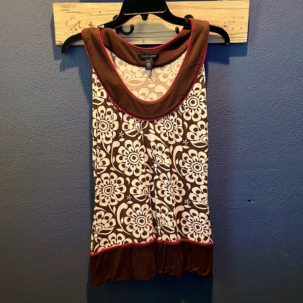 Brown, white flower design blouse, size: M